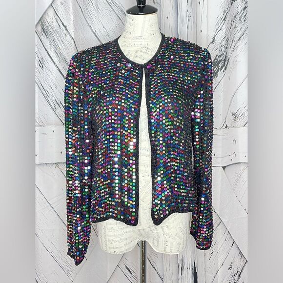 90’s Silk Rainbow Hand-Beaded & Sequined Papell Boutique Evening Jacket Size M - Picture 1 of 6